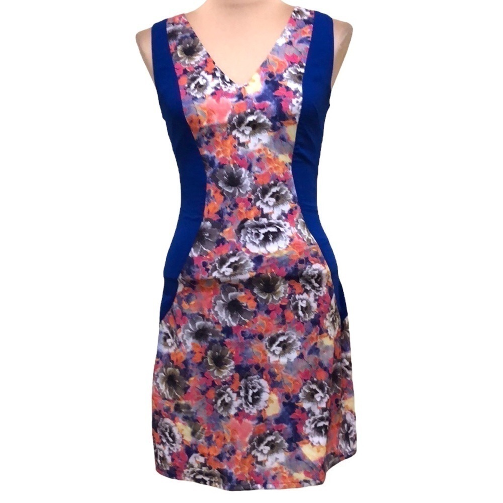 Anthropologie Skies Are Blue Dress Size Small Blue Colorblock Floral Sheath